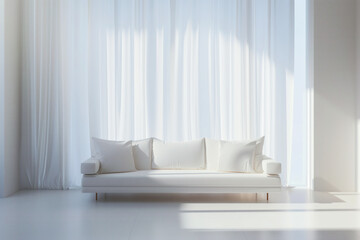 Fototapeta na wymiar Elegant white sofa against flowing curtains in a bright minimalist interior. Minimalist white sofa and curtains