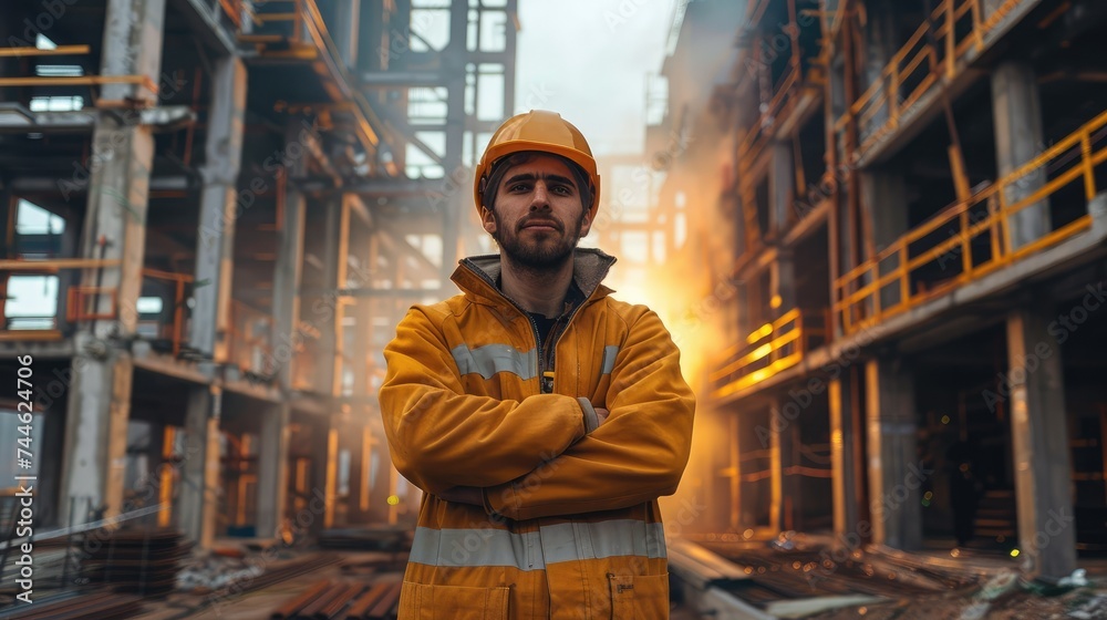 Poster Architect standing in front of a project being built. Generative AI.