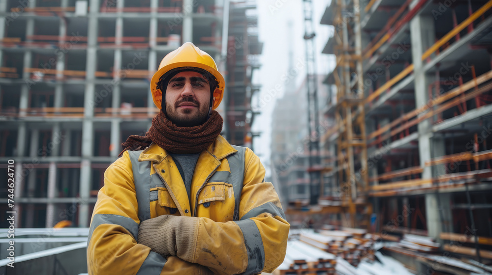 Poster Architect standing in front of a project being built. Generative AI.