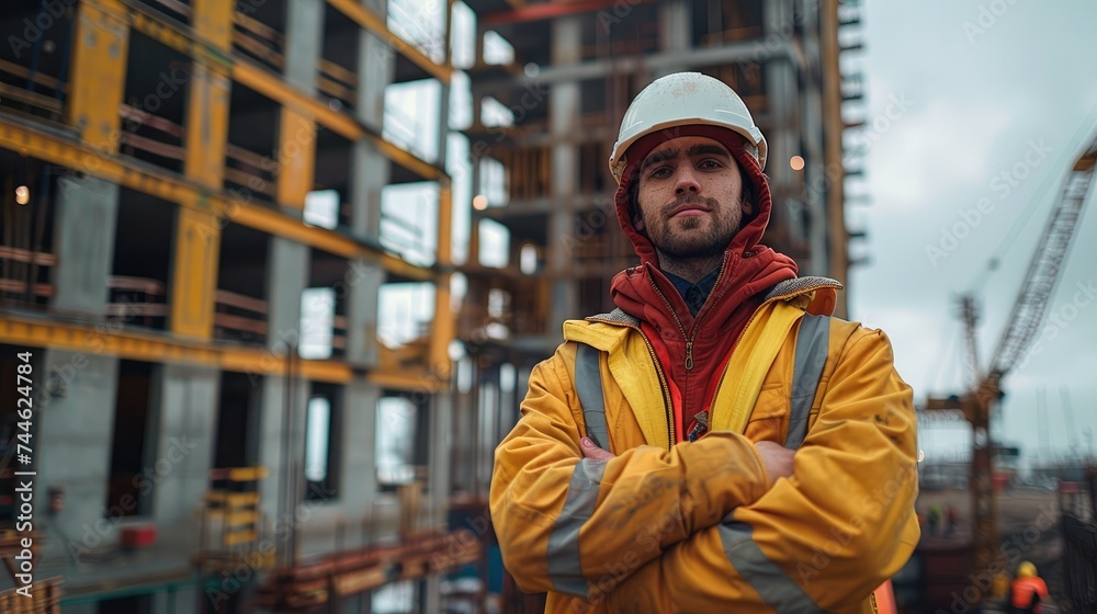 Poster Architect standing in front of a project being built. Generative AI.