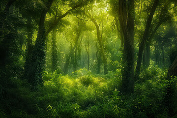 Fototapeta na wymiar Lush forest panorama with towering trees, dappled sunlight.