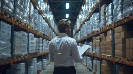 A man reads a document against the background of a clean modern warehouse with many boxes of packaging. Generative AI.