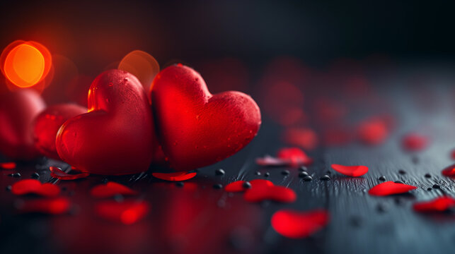 Pair of Wet Red Hearts on Dark Backdrop with Reflections - Symbolic Valentine's Day Image (AI generated)