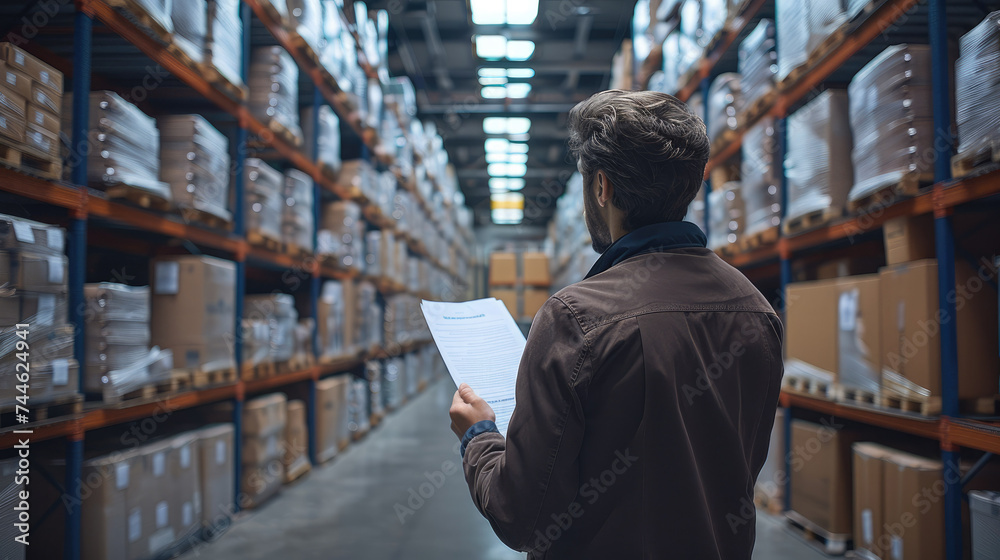 Aufkleber A man reads a document against the background of a clean modern warehouse with many boxes of packaging. Generative AI.