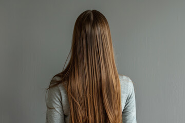 back view of a girl with gorgeous straight long shiny brown hair, studio portrait
