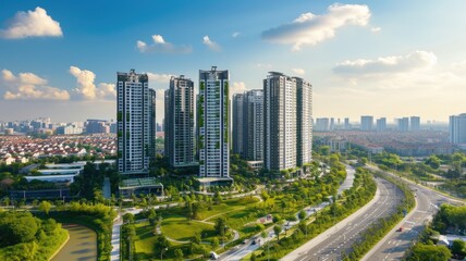 Fototapeta na wymiar High-rise residential buildings overlooking serpentine parkway and urban sprawl