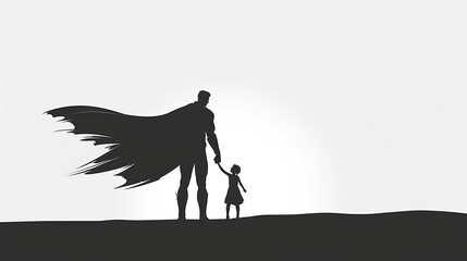 black and white silhouette of super dad or father and child, fathers day special - obrazy, fototapety, plakaty