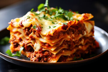 Close-up of a piece of lasagna with meat, cheese and bolognese sauce. Generated by AI.