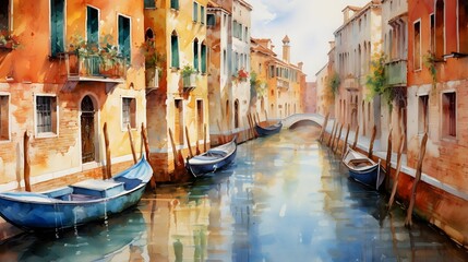 Fototapeta na wymiar Digital painting of a canal with boats in Venice, ITALY