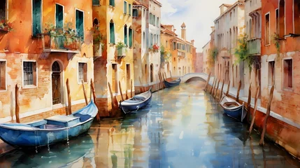 Gartenposter Digital painting of a canal with boats in Venice, ITALY © I