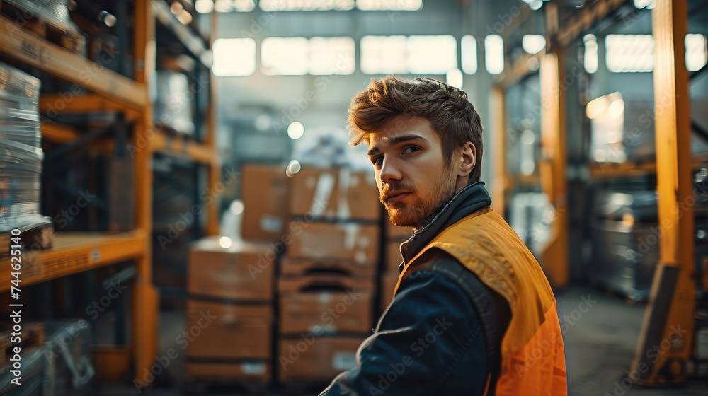 Poster A loader man in the process of work, in a warehouse. Generative AI.