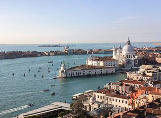 Venice lagoon and Salute church seen from the top of the bell tower in Piazza San Marco