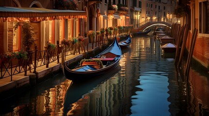 Gondolas on the canal at night in Venice, Italy. - obrazy, fototapety, plakaty