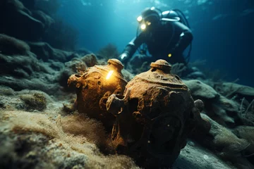 Foto op Canvas scuba diver underwater exploring ancient amphoras © wendi