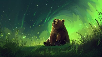 An illustrated bear gazes upwards at the aurora-filled sky in a stylized artwork, embodying concepts of wonder and exploration, suitable for use in environmental campaigns, with space for text.