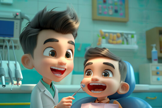 A dentist doctor and a patient in a dental clinic, 3d cartoon illustration