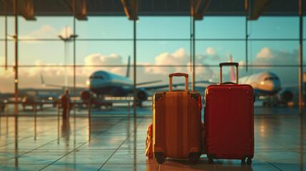 Two suitcases at forefront of airport terminal, luggage that stands ready for travel on airplane prepares for takeoff background, airport terminal, global tourism, travel blogs and advertisements - obrazy, fototapety, plakaty