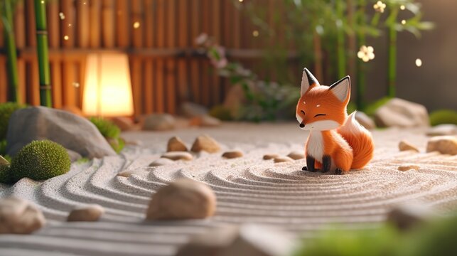 A charming fox statue in a zen garden 3D. Perfect for wellness and relaxation themes, suitable for spa decor or meditation app visuals.