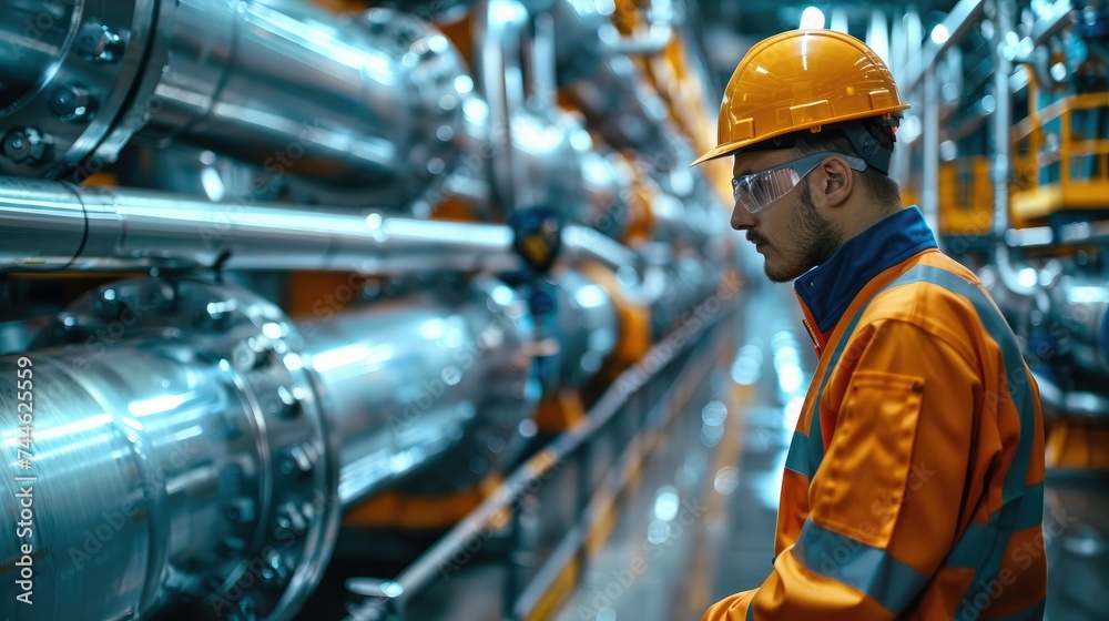 Poster an engineer inspecting a wall of industrial pipes. generative ai.