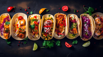 Assortment of tacos with various fillings on a dark surface.