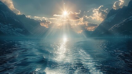 Sunlight shining over the water and mountains. Generative AI.