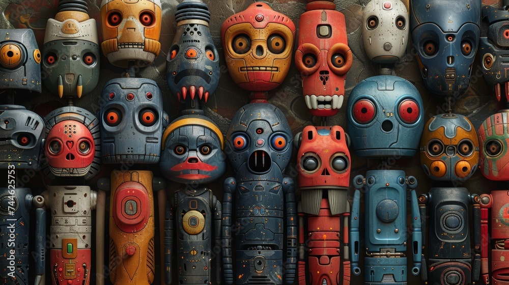 Aufkleber Modern seamless pattern in retro style with robots and monsters. texture with nanobots.