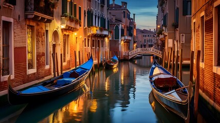 Beautiful view of Venice canal with gondolas at sunset, Italy