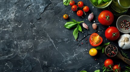 Balanced diet food background. Organic food for healthy nutrition. Ingredients for cooking. Top view stone table.