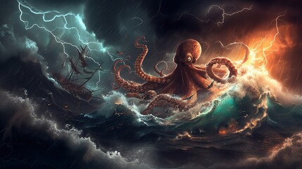 A thrilling digital illustration captures an octopus attacking a ship, invoking themes of nautical adventure and mythological battles, ideal for gaming or fantasy genres - obrazy, fototapety, plakaty