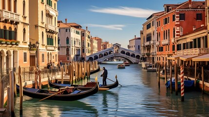 Panoramic view of Grand Canal with gondolas in Venice, Italy