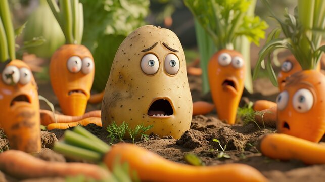 A 3D animation-style image featuring a shocked potato and terrified carrots in a garden bed, capturing a humorous take on vegetables with human-like expressions