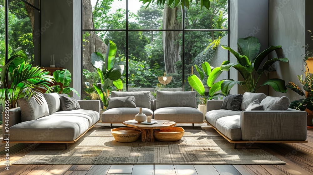 Wall mural Living room with grey sofas, coffee table, and large window with light interior