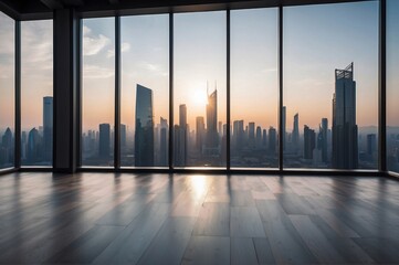Empty modern interior space or Empty Business Office Interior with skyscraper city view in sunset