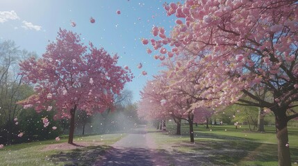 Cherry tree blossom explosion in Hurd Park, Dover, New Jersey. Same trees, with green summer foliage