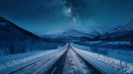 Photo of a view of automobile driving on empty mountainous road in winter under night sky glowing stars of milky way - Powered by Adobe