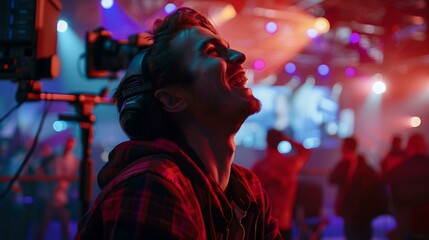 Obraz premium Cinematographer capturing vivid scenes at a dynamic film set