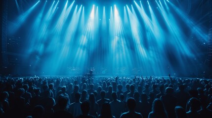 During a summer concert festival, a crowded concert hall is lit with blue lights, showing a rock...