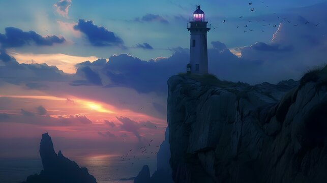 Serene lighthouse overlooking sunset on rocky cliffs with birds in flight