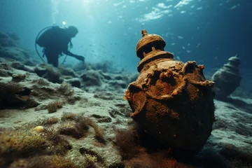Zelfklevend Fotobehang scuba diver underwater exploring ancient amphoras © wendi