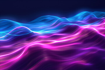 Vibrant Digital Waves Flowing in a Neon Landscape. Abstract digital landscape with flowing waves of neon blue and vibrant pink lights, creating a dynamic and futuristic visual effect.