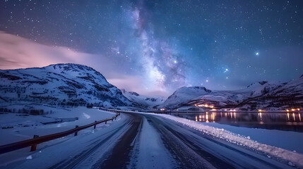 Photo of a view of automobile driving on empty mountainous road in winter under night sky glowing stars of milky way