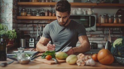 Fototapeta premium Cropped image of handsome young sportsman making notes while preparing sport nutrition in kitchen at home