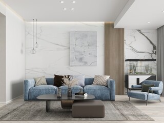 Mock up of a spacious living room with a comfortable modern sofa and stylish decorative background, 3D rendering.