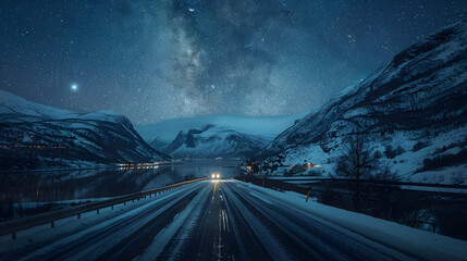 Photo of a view of automobile driving on empty mountainous road in winter under night sky glowing stars of milky way