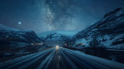 Fotobehang Photo of a view of automobile driving on empty mountainous road in winter under night sky glowing stars of milky way © Dominik