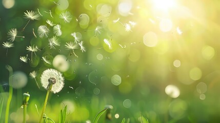 Obraz premium Dandelion seeds in the morning sunlight blowing away across a fresh green background