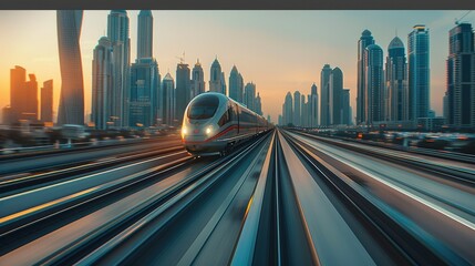 A high-speed bullet train speeding through a modern city skyline. Generative AI. - obrazy, fototapety, plakaty