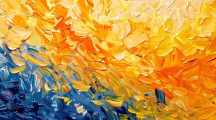 An abstract oil painting in which there are spots, strokes, incorporated gold elements, orange, gold, blue, painted with a knife. An abstract oil painting with large strokes.