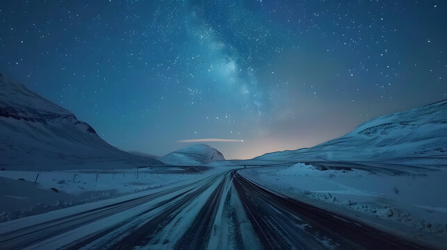 Photo of a view of automobile driving on empty mountainous road in winter under night sky glowing stars of milky way