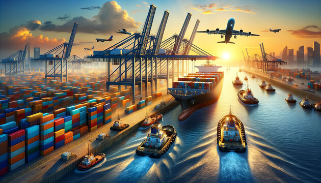 Busy port scene with cargo ships, tugboats, stacked containers, cranes, and an airplane flying overhead at sunset with a city skyline in the background.Logistics concept.AI generated.
